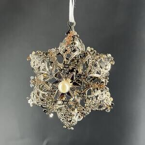 Vantel Pearls Silver Metal Intricate 3D Snowflake Christmas Ornament Hanging
